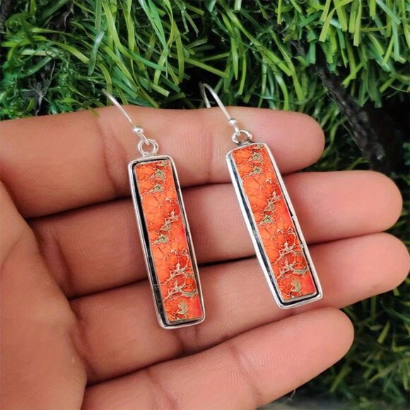 Bohemian Retro Rectangular Dangle Earrings With Stone Pattern - Picture 3 of 5